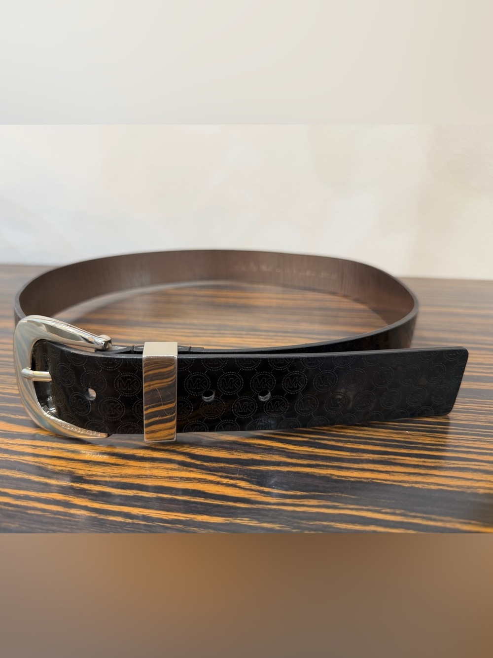 Michael Kors Black All-Over Monogram Logo  Patent Leather/Silvertone Belt, L/XL